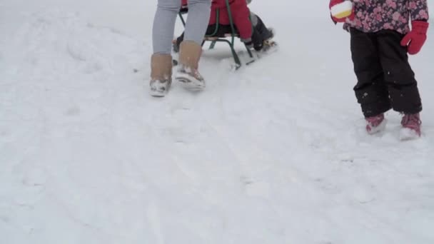 Vacanza, gioco, concetto di famiglia - Slo-mo autentico tre felici bambini in età prescolare fratelli con la giovane mamma wonan slittino e giocare con la neve. nevicate in stagione fredda tempo in cortile invernale all'aperto — Video Stock