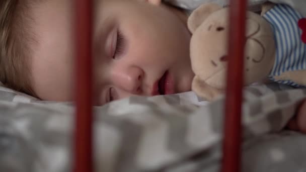 Zár autentikus aranyos kis csecsemő pufók kislány vagy fiú aludni édesen bölcsőben Teddy mackó a hálószobában ebédidőben. a gyermek a szürke ágyban fekszik. Gyermekkor, szülőség, orvostudomány, egészségügyi koncepció — Stock videók