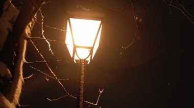 Gece parkında inanılmaz yavaş kar yağışı var. Arka planda fener var. Kışın erken saatlerinde çekilen çekim. Meteoroloji, Hava Durumu, Doğal Fenomen, Mutlu Noeller ve Yeni Yıl Konsepti
