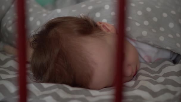 Cerrar auténtico lindo bebé regordete niña o niño dormir dulcemente en cuna con oso de peluche en el dormitorio durante el almuerzo. niño se acuesta en la cama gris. Infancia, paternidad, medicina, concepto de salud — Vídeos de Stock