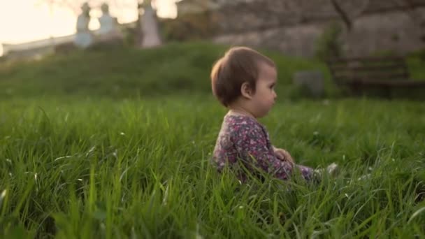 Auténtica niña linda bebé en vestido caminando en el parque en la hierba alta al atardecer de primavera. niño juguetón rastrillo césped en la naturaleza durante la salida del sol. Infancia, paternidad, familia, concepto de estilo de vida — Vídeo de stock