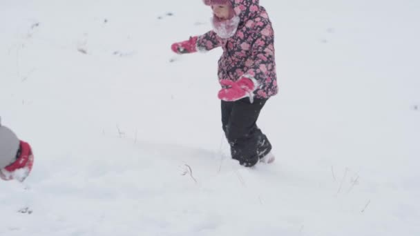 Wakacje, gra, koncepcja rodziny - slo-mo autentyczne Dwa szczęśliwe przedszkolaki rodzeństwo dzieci zjeżdżają ze wzgórza i pomagają sobie nawzajem wspiąć. opady śniegu w zimnym sezonie pogoda w parku zimowym na zewnątrz — Wideo stockowe