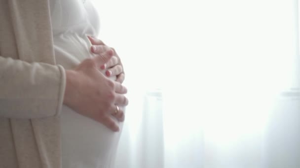 Αυθεντικό χαριτωμένο έγκυος γυναίκα αισθάνεται ευτυχισμένος στο σπίτι τη φροντίδα του παιδιού. Νέος περιμένει μητέρα κρατώντας το μωρό στην κοιλιά κοντά στο παράθυρο. Προγεννητική φροντίδα μητρότητας και εγκυμοσύνη, μητρότητα, έννοια του τρόπου ζωής — Αρχείο Βίντεο