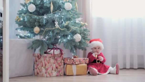 Authentic cute happy Joy chubby infant girl wearing santa hat and red dress smile play have fun celebrating new year festive atmosphere near christmas tree at home. Childhood, hollyday, winter concept — Stock Video