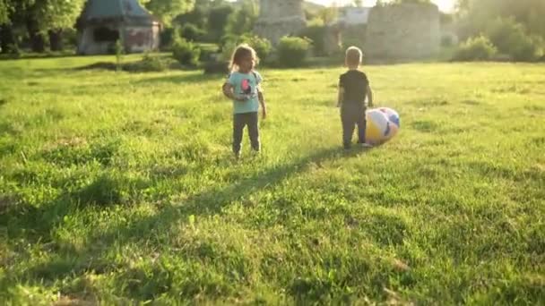 Yaz, tatil, doğa, mutlu aile, çocukluk, arkadaşlık - iki küçük çocuk anaokulu çocuğu kardeş kardeş koşuyor büyük şişirilebilir top yakalama ile iyi eğlenceler gün batımında çimenlerin üzerinde — Stok video