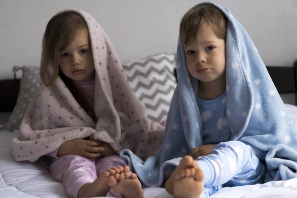 Hogar, comodidad, infancia, cuidado, amistad - dos pequeños niños pequeños bebé bastante auténticos hermanos niños se sientan en la cama blanca mirar a la cámara envuelta en una manta suave azul cálido, acogedor estado de ánimo somnoliento en el interior — Foto de Stock