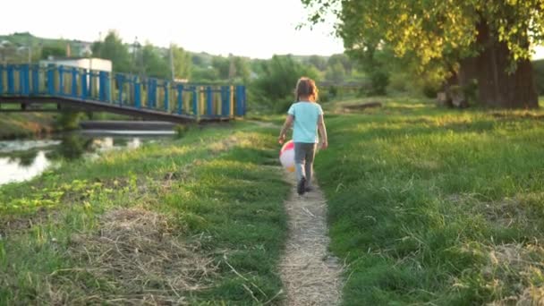 Lato, wakacje, przyroda, szczęśliwa rodzina, dzieciństwo - jeden mały maluch przedszkolak dziecko dziewczynka runing pieszo bawić się z dużym nadmuchiwanym piłkę połowu w parku na trawie o zachodzie słońca poza świeżym powietrzem — Wideo stockowe