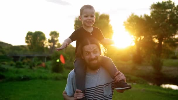 Summer, vacation, nature, happy family, childhood, paternity, father Day - Dad with preschool child son boy kid run playing plane spread arms wings have fun sit on shoulder in park meadow at sunset — Stock Video