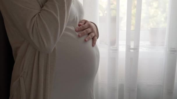 Mulher grávida bonito autêntico sentindo-se feliz em casa com a barriga. Jovem mãe acariciando barriga e água potável de vidro perto da janela. Maternidade pré-natal, gravidez, maternidade, conceito de estilo de vida — Vídeo de Stock