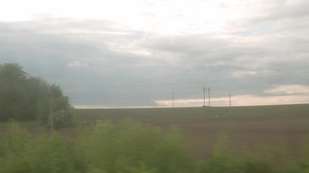 View from window of high-speed train on landscape of beautiful nature wild field and forest on evening cloudy dusk sky sunset in summer background. Transport, travel, railway, communication concept — Stock Video