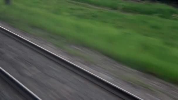 Vy från fönstret av snabbtåg med bländning på glas och parallella skenor på landskapet av ängar och skog före solnedgången i sommar bakgrund. Transport, resor, väg, järnväg, kompositionskoncept — Stockvideo