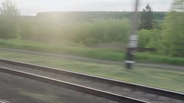 从高速列车窗口观看，玻璃上闪烁着耀眼的光芒，夏夜背景下的草地和森林景观上有平行的轨道。运输、旅行、公路、铁路、补偿概念 — 图库视频影像