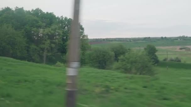Kilátás ablakából sebesség vonat vakító üveg és párhuzamos sínek táj rétek és erdő naplemente előtt a nyári háttérben. Közlekedés, utazás, közút, vasút, közlekedési koncepció — Stock videók