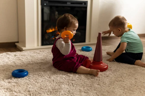 Familia, amigos, amistad, infancia, desarrollo, habilidades, juegos de motilidad - niños pequeños niños auténticos niños pequeños pone anillos en la pirámide jugando juntos con juguete sentarse en el suelo en casa acogedora — Foto de Stock