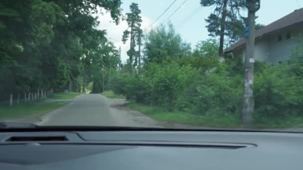 Vista da auto in movimento su strada sterrata nella foresta. natura passeggiata attraverso la pineta. Escursioni attraverso la foresta. viaggio turistico attraverso luoghi inagibili. vacanza, campeggio, tempo libero, verso il concetto di campeggio — Video Stock