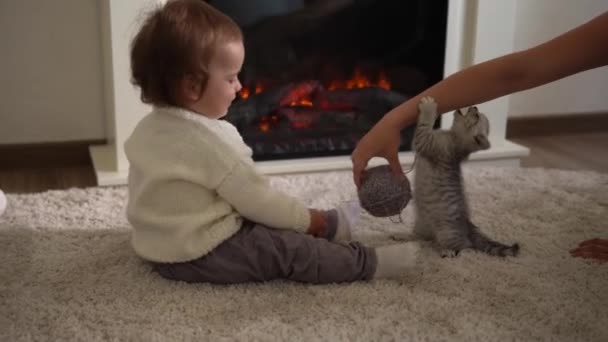 Baby playing with cat. tomcat on carpet near burning fireplace at home comfort. striped kitten play with ball of thread. kitty run looking at camera. happy adorable pet, childhood, wild nature concept — Stock Video