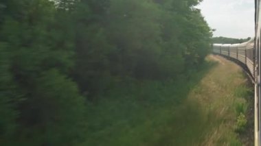 Yüksek hızlı trenin yan görüntüsü güzel doğa manzarası vahşi arazi ve orman akşam bulutlu gökyüzü günbatımı yaz arkaplanında. Ulaşım, seyahat, demiryolu, iletişim konsepti