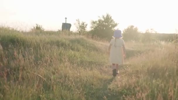 Милая дошкольная девочка в желтом платье поднимаясь по тропе в высокой траве перед закатом. Ребенок ходит по поляне. Счастливые дети в горах. детство, природа, образ жизни, концепция лета — стоковое видео