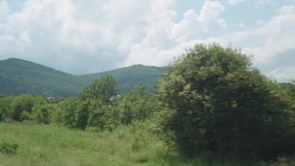 Widok z okna pociągu dużych prędkości na krajobraz pięknej przyrody dzikie pole i góry las na zachmurzone czyste słoneczny dzień w tle lata. Transport, podróże, kolej, koncepcja komunikacji — Wideo stockowe