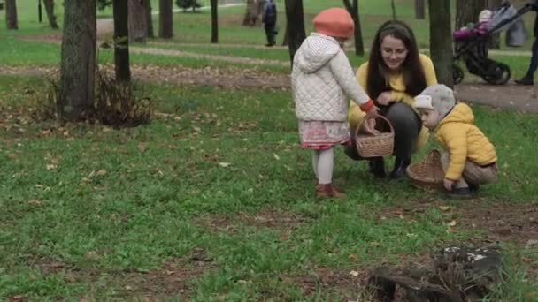 Copilăria, familia, maternitatea, conceptul de toamnă - copii mici de 2-4 ani băiat și fată cu mama drăguță tânără colectează frunze de arțar galbene căzute din iarbă verde în coș de răchită în parc în vreme tulbure — Videoclip de stoc