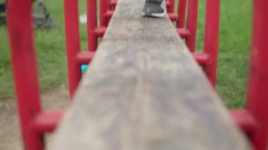 Şirin anaokulu çocukları oyun parkında salıncak trenine tırmanıyor. Küçük çocuk gülüyor ve eğleniyor, tahterevallide sallanıyor oyun parkında oynuyor. Mutlu çocukluk kavramı, olumlu duygular, POV