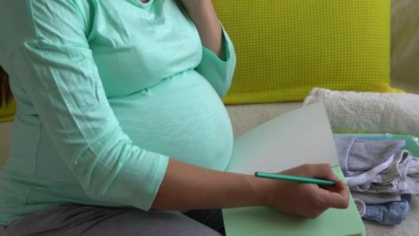 Søt, gravid kvinne som skriver pakkeliste for fødeavdelingen med Notebook Prepares-poser. Unge Ledy in Pregnancy har det gøy med å tilbringe tid på Sofa hjemme. Morsrollen, legemiddelhelse- og omsorgsbegrepet – stockvideo