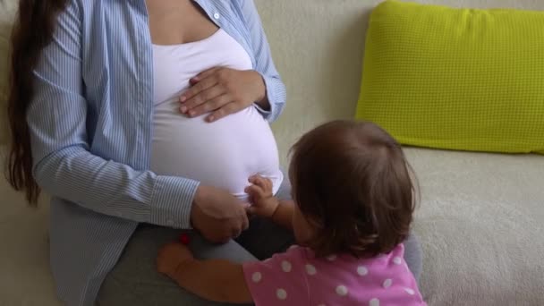 Nette schwangere Frau mit kleinen Geschwistern Kleinkind Baby Girl Push Kiss und Umarmung Moms Bauch. Jung Ledy In Schwangerschaft Haben Spaß Verbringen Zeit Auf Sofa Zu Hause. Mutterschaft, Medizin Gesundheits- und Pflegekonzept — Stockvideo