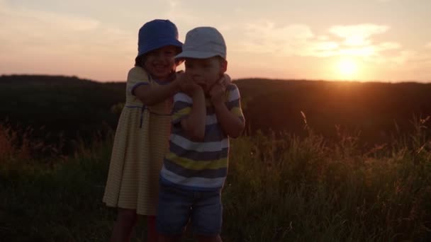 Cute szczęśliwy przedszkolak para przytulanie skoków i wygłupianie się na szczycie góry w wysokiej trawie przed zachodem słońca. Dziecko spaceruje na łące. dzieciństwo, natura, styl życia, przyjaźń, pojęcie lata — Wideo stockowe