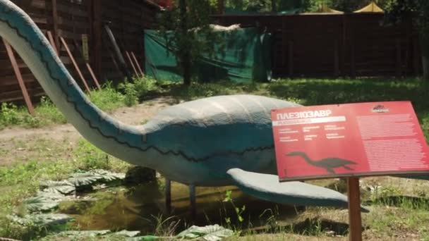 2021.08.12 - Kiev, Oekraïne: Gemotoriseerde authentieke grootte Dinosaurus Predator Plesiosaurus Mockup in Amusement Forest Park. Tentoonstelling van bewegende modellen Dieren uit Jurassic Prehistorische Periode in Dinopark — Stockvideo