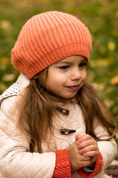 Retrato pequena menina pré-escolar em laranja boina em folhas caídas amarelas no cesto embrulhado em cobertor Dreamily olha para longe. Tempo frio em Fall Park. Infância, Família, Maternidade, Conceito de outono — Fotografia de Stock