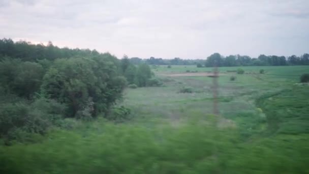 Utsikt från fönstret av höghastighetståg på landskapet i vacker natur vilda fält och skog på kvällen molnigt ren solig dag i sommar bakgrund. Transport, resor, järnväg, kommunikationskoncept — Stockvideo