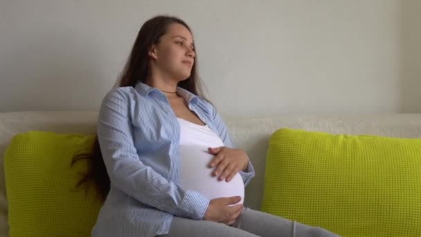 Söt gravid kvinna stroke stora magen vidrör magen i solig dag. Ung Ledy i graviditeten ha kul tillbringa tid på gul soffa hemma. Moderskap, föräldraskap, medicin Hälsa och omsorg prenatal — Stockvideo