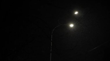 Hava tahmini, anomali, acil durum, element, kış konsepti - dengesiz bir kar fırtınası. Gece yolundaki sokak lambasının ışığında kar taneleri düşüyor. Kiev 'deki ilk kar