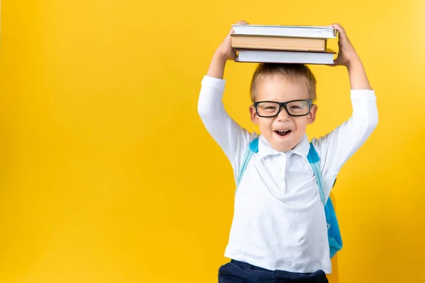 Banner Funny Preschool Child Boy in Glasses dengan Buku tentang Kepala dan Tas di Salinan Latar Belakang Kuning Ruang. Selamat tersenyum anak kembali ke sekolah, taman kanak-kanak. Sukses, motivasi, pemenang, konsep jenius. Stok Foto Bebas Royalti