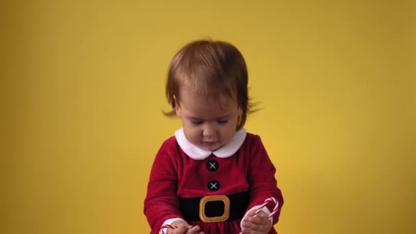 Mignon heureux gai joufflu tout-petit bébé fille en costume de Santa regardant caméra à fond jaune. Scène de jeu d'enfant célébrant l'anniversaire. Goût d'enfant manger lécher Noël bonbons sucrés bâtons Nouvel An — Video