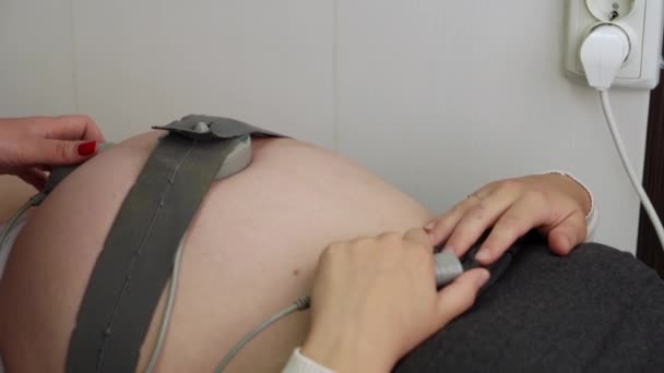 Вагітна жінка на лікарняному дивані під час медичного контролю кардіотомографії. Гінеколог Доктор Руки встановлюють датчики пристрою CTG на животі. Перевірка очікуваного живота дитини здоров'я матері Ознайомтеся — стокове відео