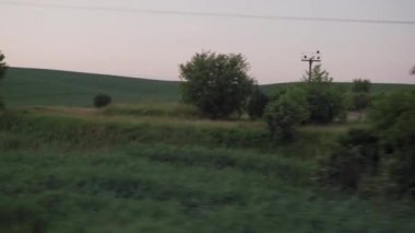 Pencereden yüksek hızlı tren manzarası güzel doğa manzarası vahşi arazi ve orman rayları yaz arkaplanında akşam günbatımında tren rayları. Ulaşım, seyahat, demiryolu, iletişim konsepti