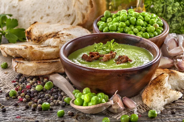 Peas soup on table — Stock Photo, Image