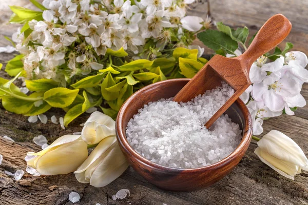 Морская соль для ванн в миске — стоковое фото