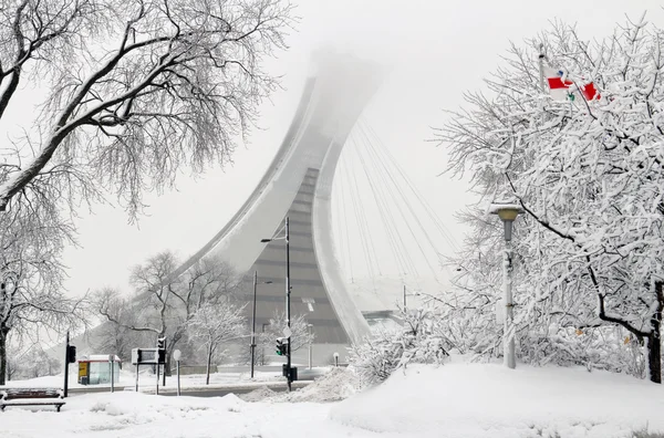 Estadio Olímpico de Montreal en tormenta de nieve Imagen de stock