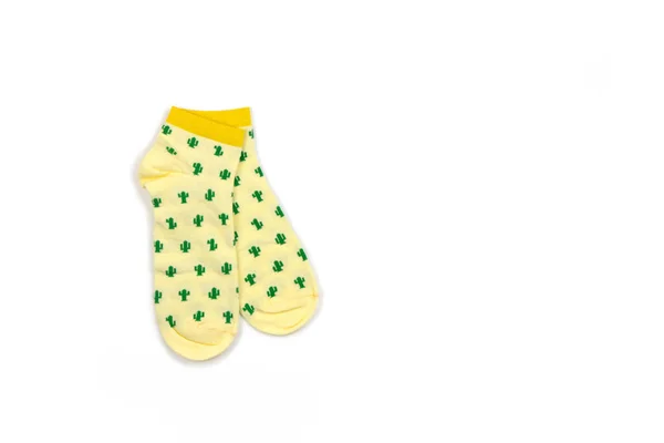 Забавні Жінки Або Чоловіки Унісекс Обрізані Жовті Шкарпетки Зеленими Кактусами — стокове фото