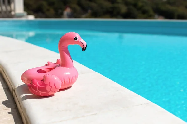 Şişirilebilir pembe flamingo, güneşli bir günde yüzme havuzunun yanında kokteyl standı, fotokopi odası. Yaz tatili kavramı, eğlence, su, hava, güneş banyosu, sağlık. Yan görüş. Yatay.