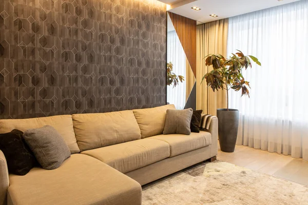 Interior of living room in neutral earthy tones. Large sofa with decorative cushions, potted plant Croton, geometric wood panel and mirror on wall. Concept modern interior design, natural materials.