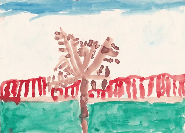 Tree without leaves in garden - original child painting — Stock Photo, Image