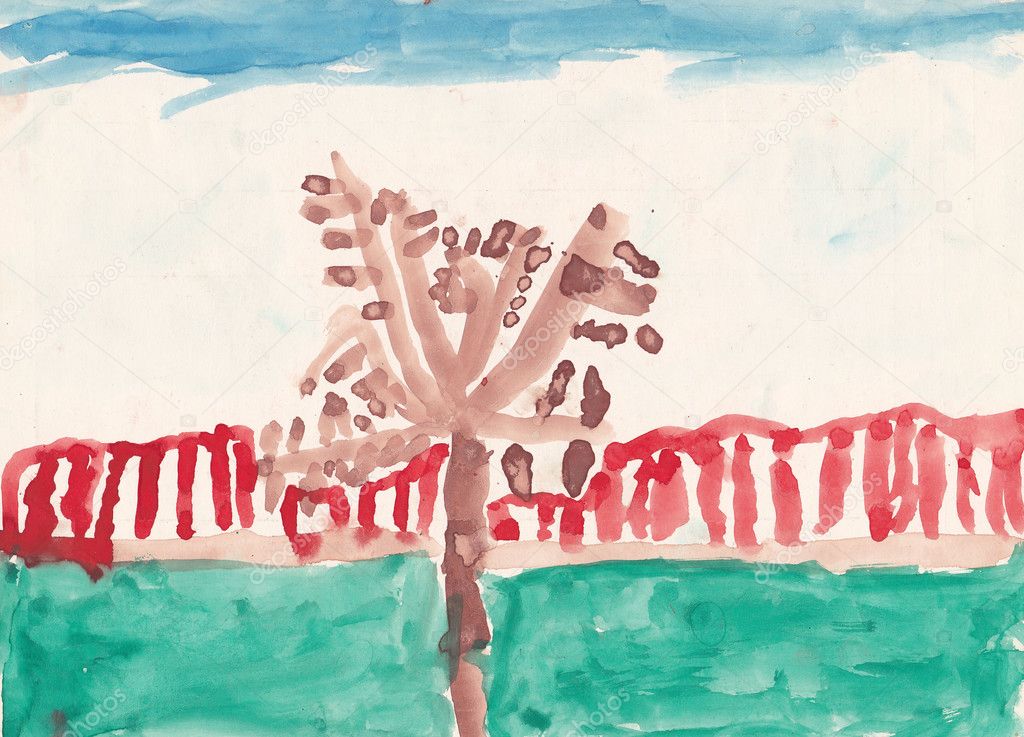 Tree without leaves in garden - original child painting