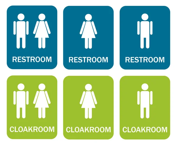 6 isolated signs - 3 for restroom and 3 for cloakroom — Stock Vector