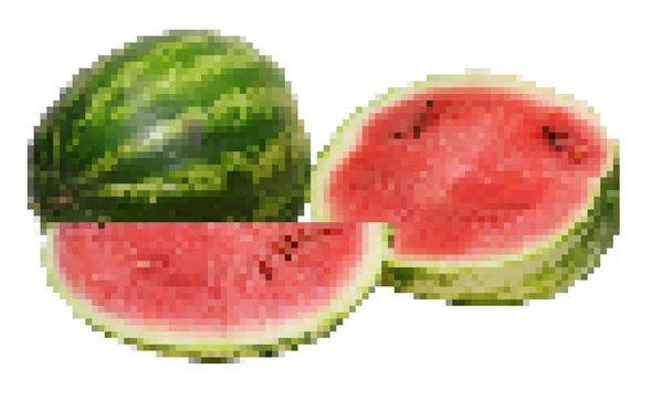 Pixel-Mosaik-Darstellung der Wassermelone - voll, halb und viertel — Stockvektor