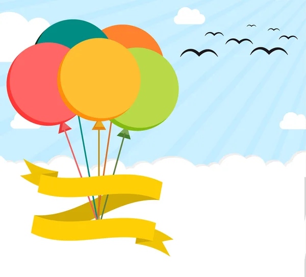 Cartel colorido de ilustración plana con globos de helio en el cielo — Vector de stock