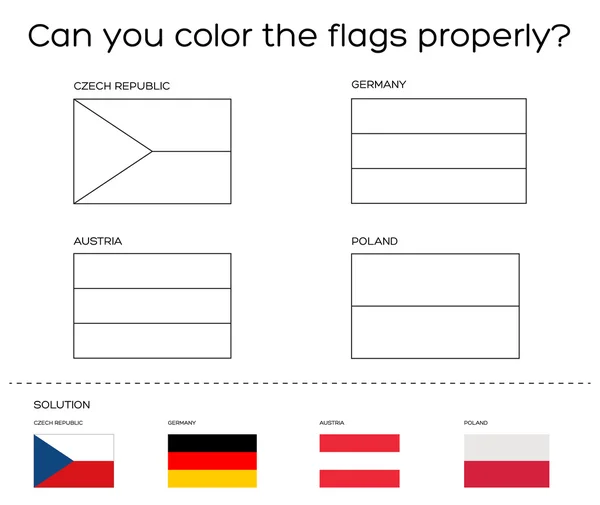 Zbarvení kniha úkolů - evropské vlajky s řešením — Stockový vektor
