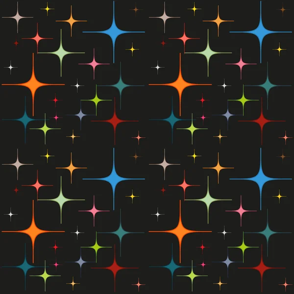 Färgglada lysande stjärnor på svart bakgrund, sömlösa mönster — Stock vektor